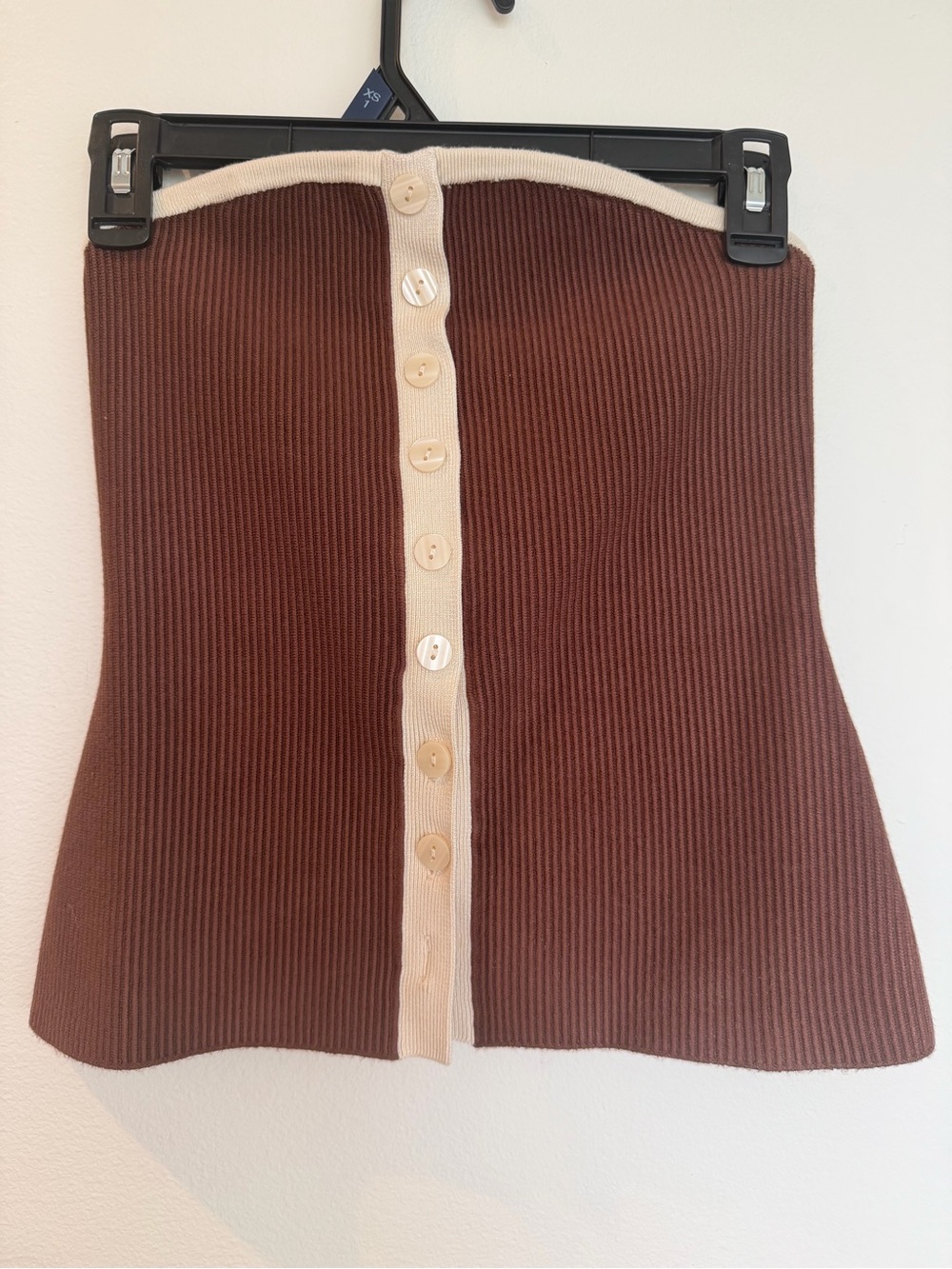 Abercrombie Ribbed Button-Front Brown strapless top with Cream Trim